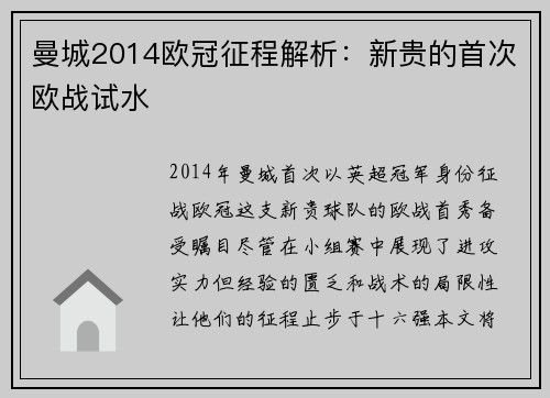 曼城2014欧冠征程解析：新贵的首次欧战试水