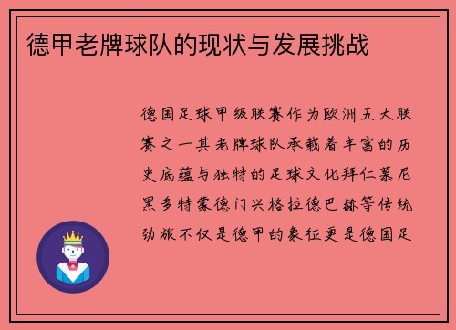 德甲老牌球队的现状与发展挑战